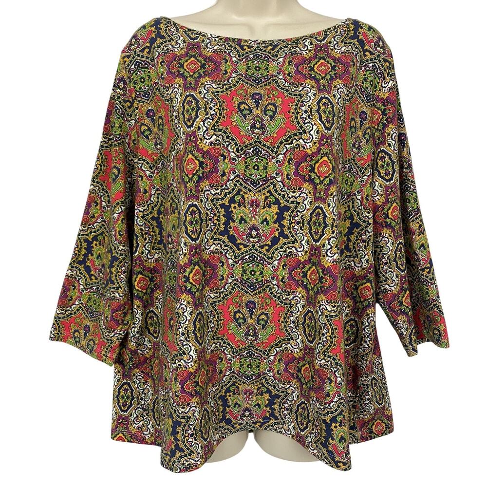 Talbots Top Womens‎ 2X Paisley Multicolor Boat Neck 3/4 Sleeve Soft Knit Dressy